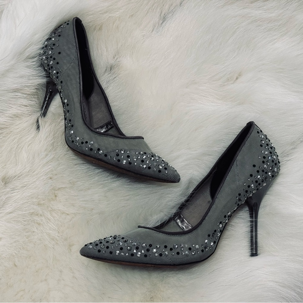 Bourne Samantha Mesh Rhinestone Embellished Pointed Toe Heels Pewter Gray 37.5